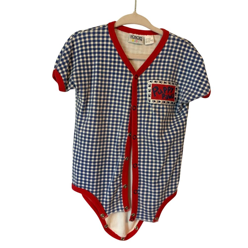 Honors Baby Romper Boys 24M Vintage 90s Blue Gingham Puppy Dog Bum Snap Front